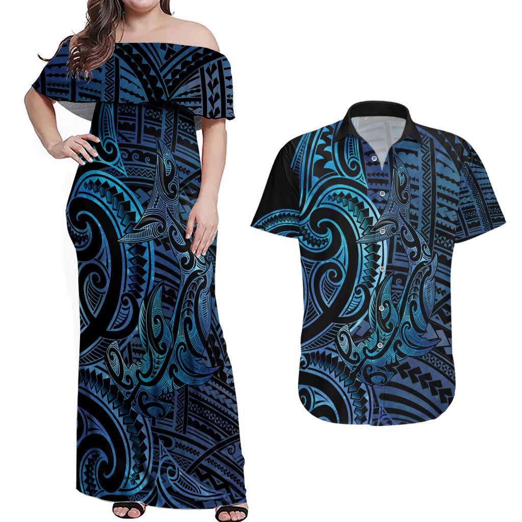 New Zealand Hammerhead Shark Couples Matching Off Shoulder Maxi Dress and Hawaiian Shirt Maori Haehae Mangopare Galaxy - Polynesian Pride