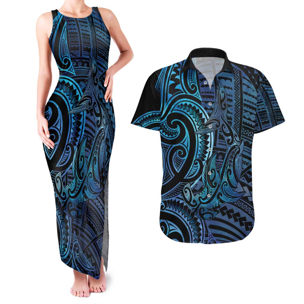 New Zealand Hammerhead Shark Couples Matching Tank Maxi Dress and Hawaiian Shirt Maori Haehae Mangopare Galaxy - Polynesian Pride