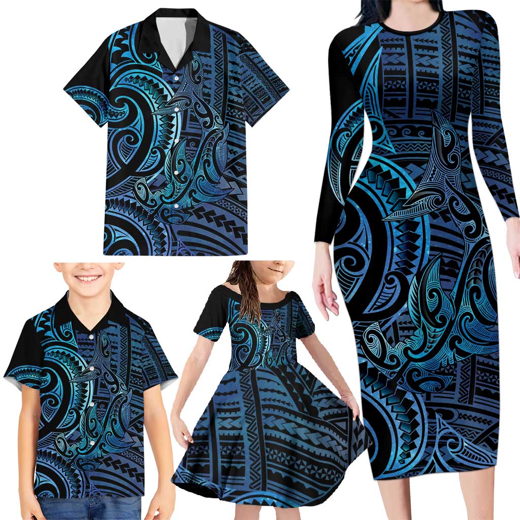 New Zealand Hammerhead Shark Family Matching Long Sleeve Bodycon Dress and Hawaiian Shirt Maori Haehae Mangopare Galaxy - Polynesian Pride
