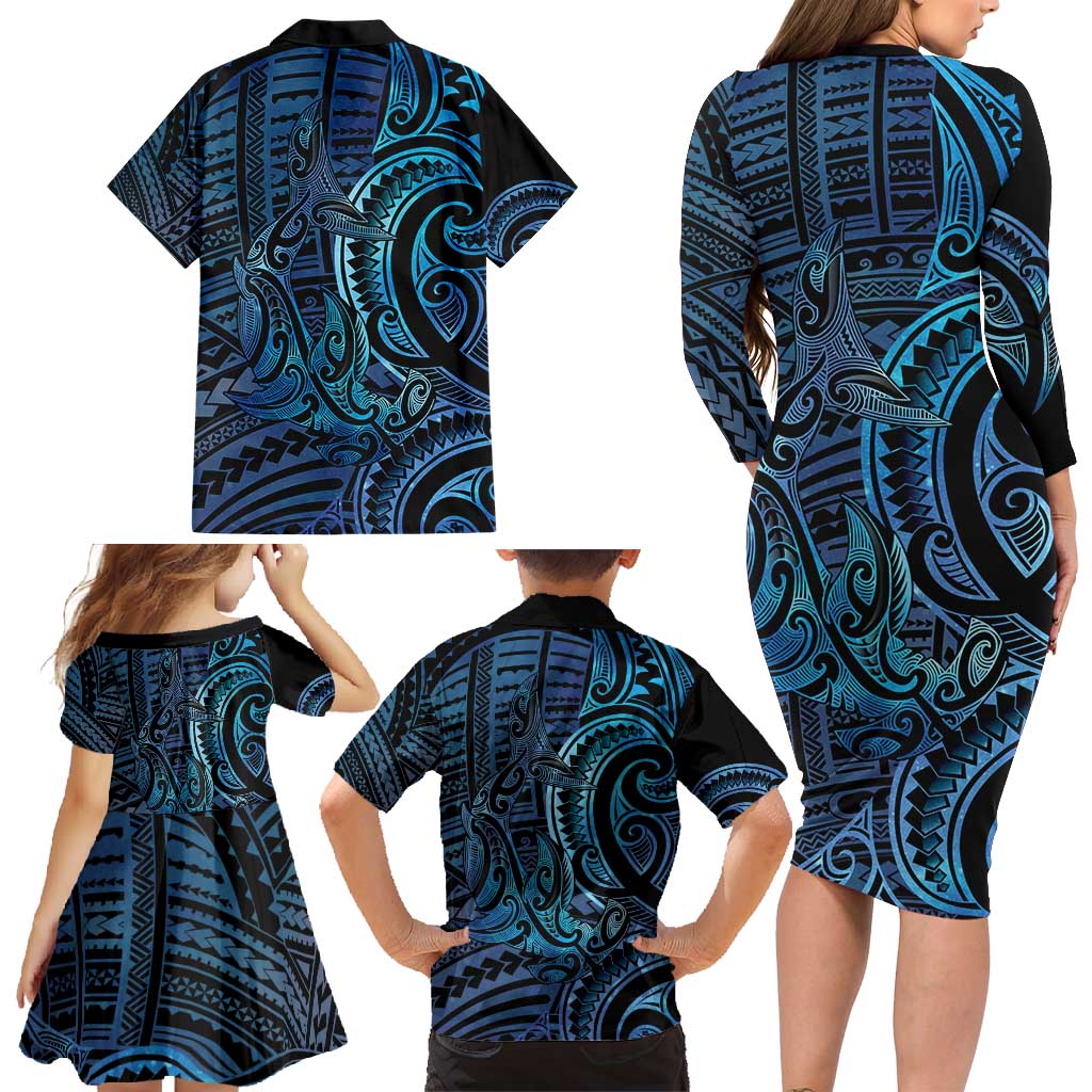 New Zealand Hammerhead Shark Family Matching Long Sleeve Bodycon Dress and Hawaiian Shirt Maori Haehae Mangopare Galaxy - Polynesian Pride