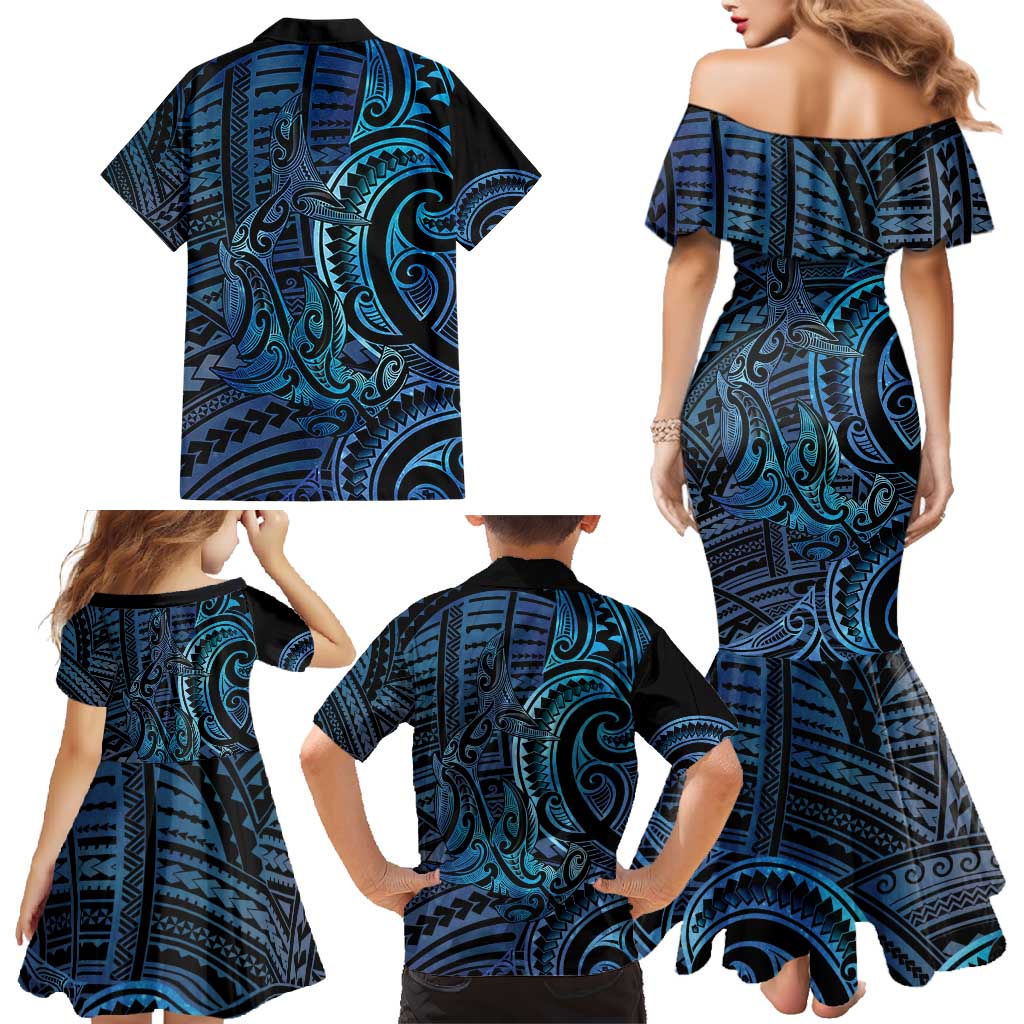 New Zealand Hammerhead Shark Family Matching Mermaid Dress and Hawaiian Shirt Maori Haehae Mangopare Galaxy - Polynesian Pride