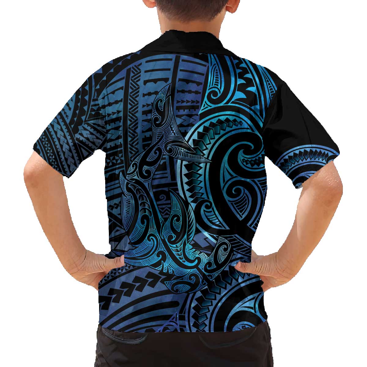 New Zealand Hammerhead Shark Family Matching Off The Shoulder Long Sleeve Dress and Hawaiian Shirt Maori Haehae Mangopare Galaxy - Polynesian Pride