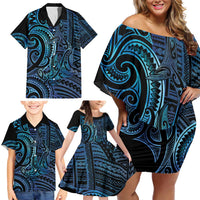 New Zealand Hammerhead Shark Family Matching Off Shoulder Short Dress and Hawaiian Shirt Maori Haehae Mangopare Galaxy - Polynesian Pride