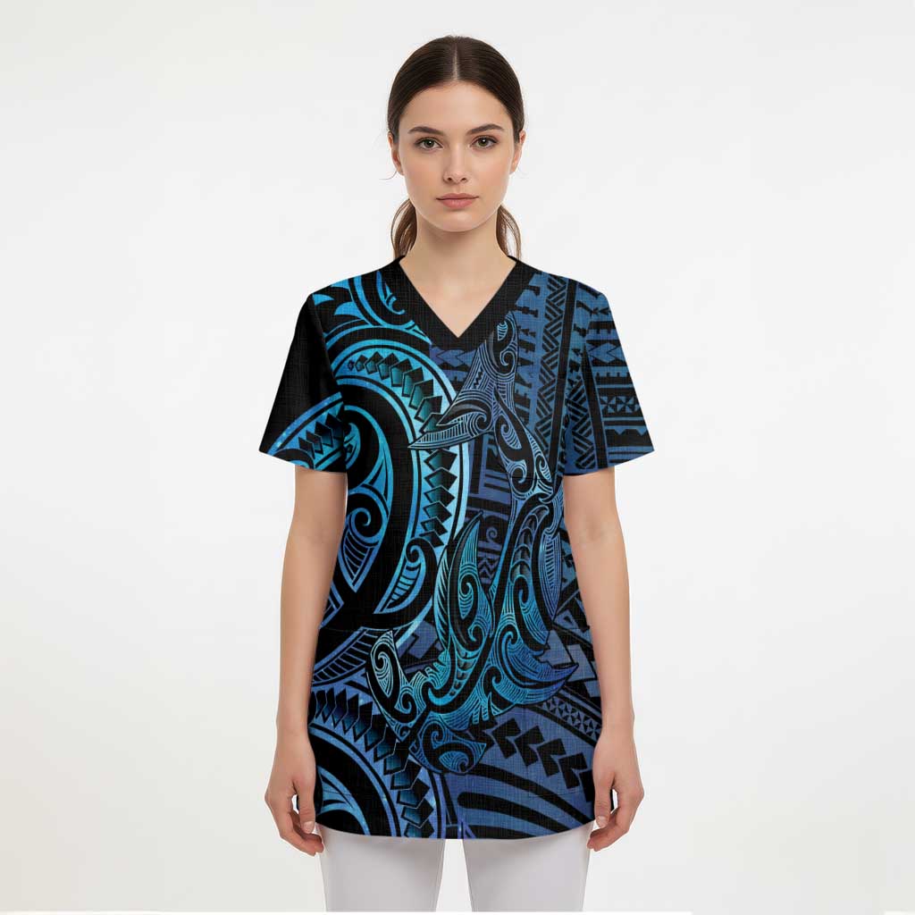 New Zealand Hammerhead Shark Scrub Top Maori Haehae Mangopare Galaxy - Polynesian Pride