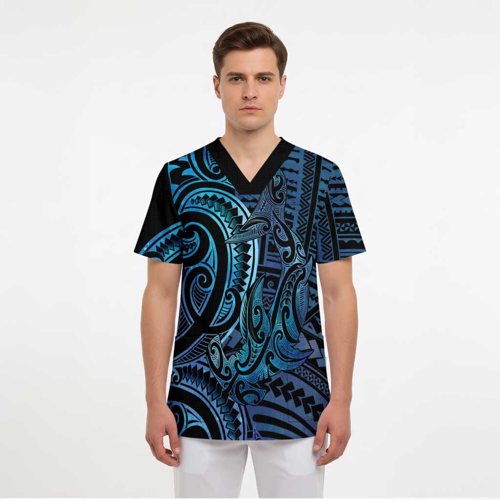 New Zealand Hammerhead Shark Scrub Top Maori Haehae Mangopare Galaxy - Polynesian Pride