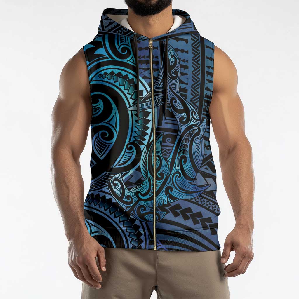 New Zealand Hammerhead Shark Sleeveless Zip Hoodie Maori Haehae Mangopare Galaxy - Polynesian Pride