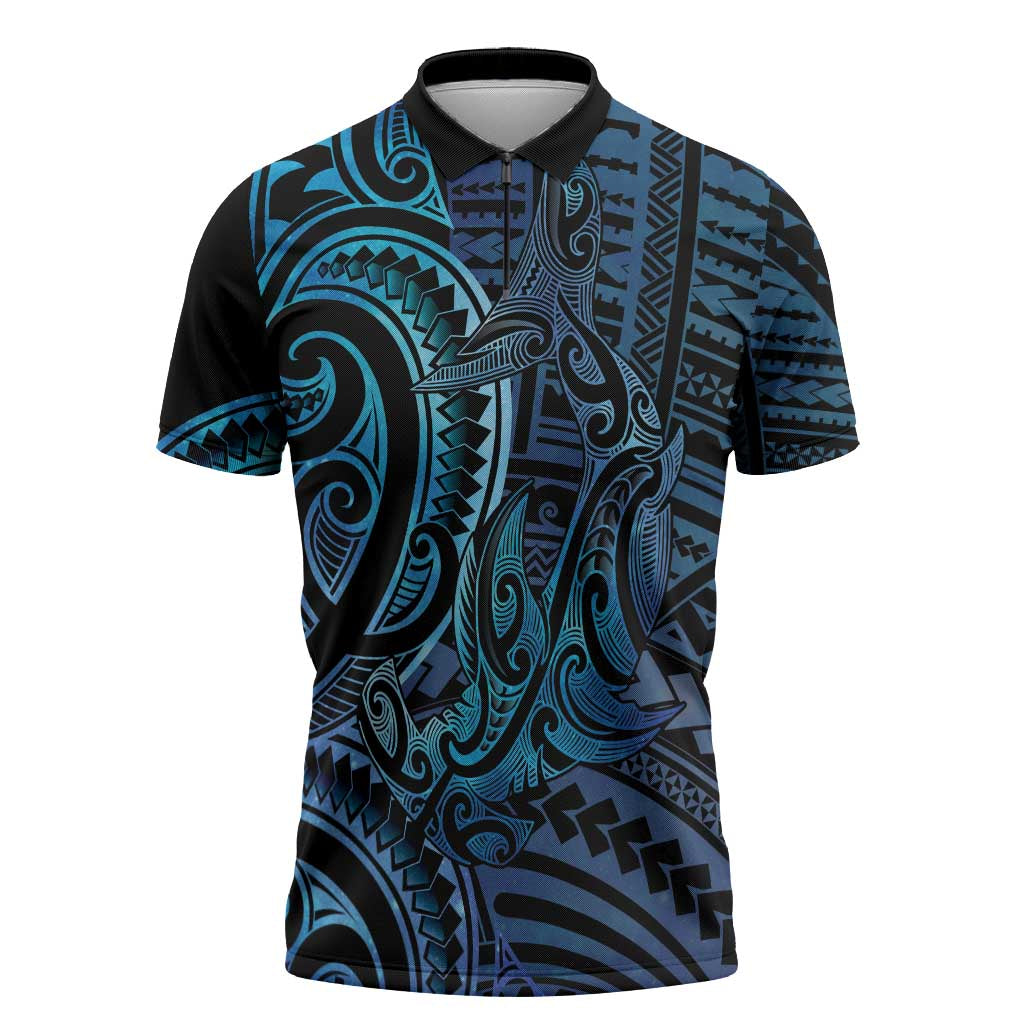 New Zealand Hammerhead Shark Zipper Polo Shirt Maori Haehae Mangopare Galaxy - Polynesian Pride
