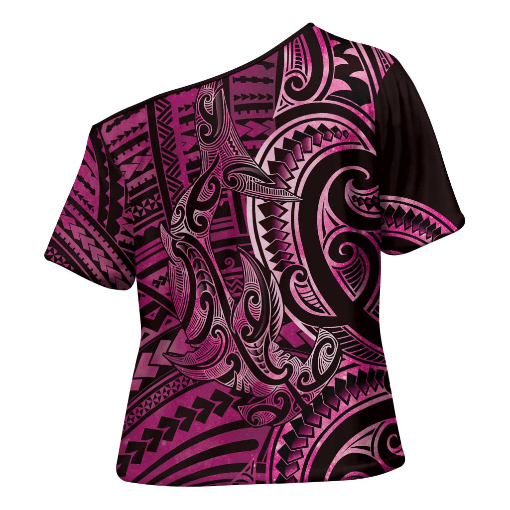 New Zealand Hammerhead Shark Cross Shoulder Shirt Maori Haehae Mangopare Pink - Polynesian Pride