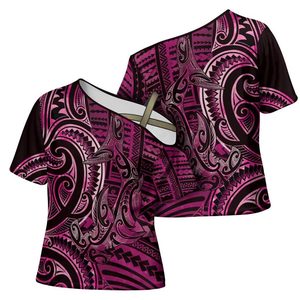 New Zealand Hammerhead Shark Cross Shoulder Shirt Maori Haehae Mangopare Pink - Polynesian Pride