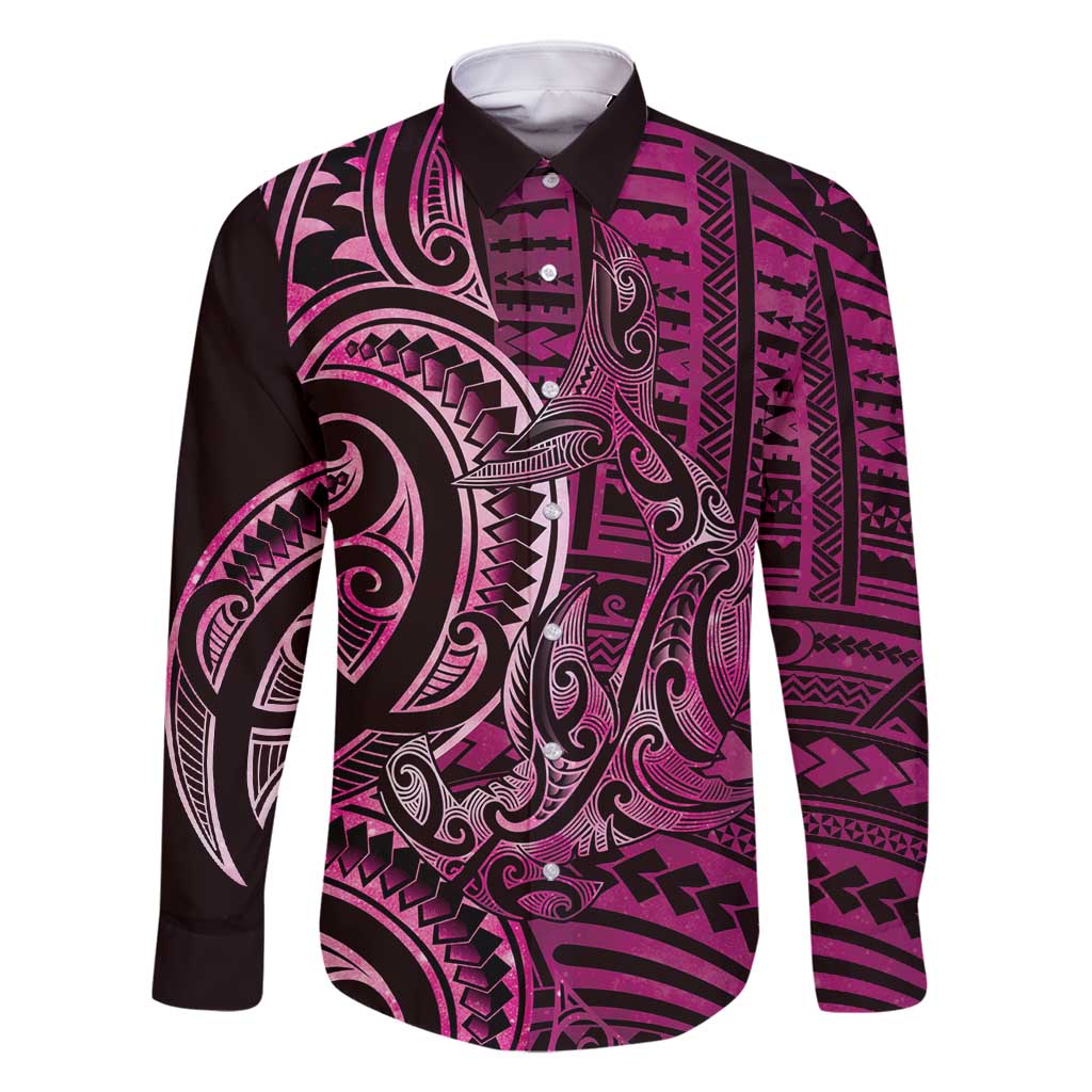 New Zealand Hammerhead Shark Family Matching Long Sleeve Bodycon Dress and Hawaiian Shirt Maori Haehae Mangopare Pink - Polynesian Pride