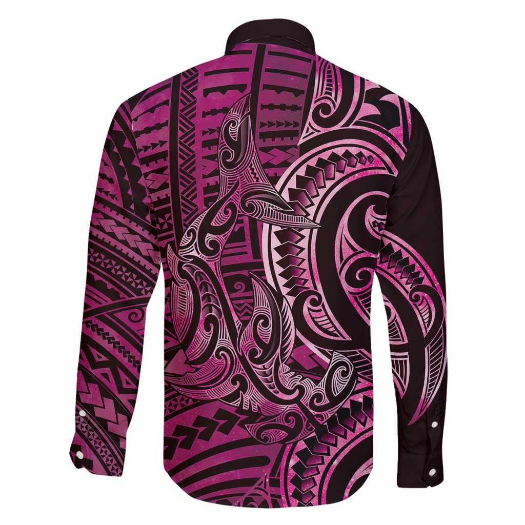 New Zealand Hammerhead Shark Family Matching Long Sleeve Bodycon Dress and Hawaiian Shirt Maori Haehae Mangopare Pink - Polynesian Pride