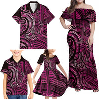 New Zealand Hammerhead Shark Family Matching Off Shoulder Maxi Dress and Hawaiian Shirt Maori Haehae Mangopare Pink - Polynesian Pride