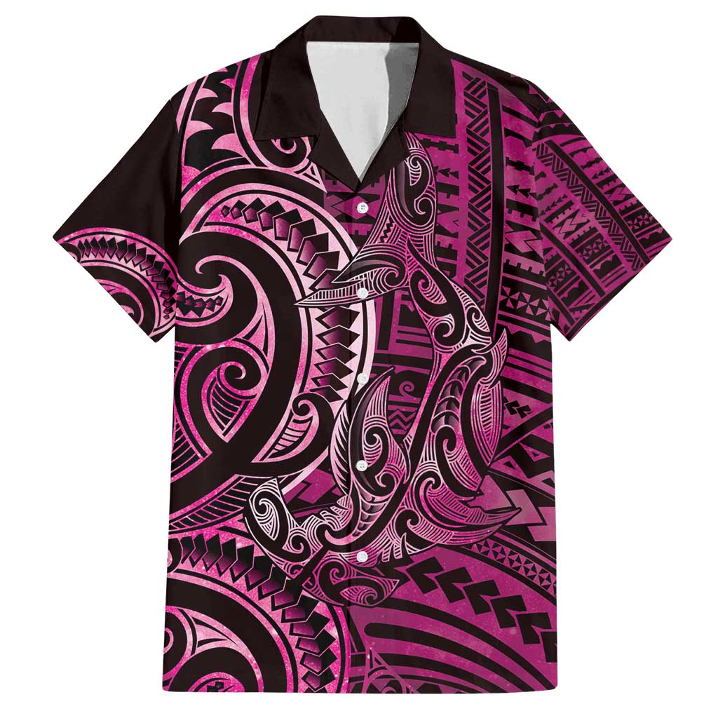 New Zealand Hammerhead Shark Family Matching Off Shoulder Maxi Dress and Hawaiian Shirt Maori Haehae Mangopare Pink - Polynesian Pride