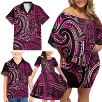 New Zealand Hammerhead Shark Family Matching Off Shoulder Short Dress and Hawaiian Shirt Maori Haehae Mangopare Pink - Polynesian Pride