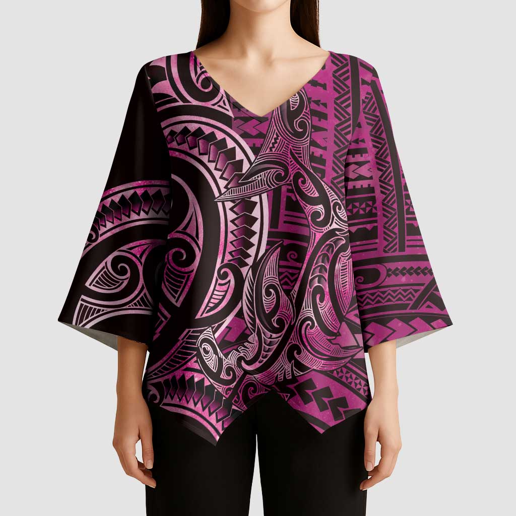 New Zealand Hammerhead Shark Kimono Sleeve Blouse Maori Haehae Mangopare Pink - Polynesian Pride