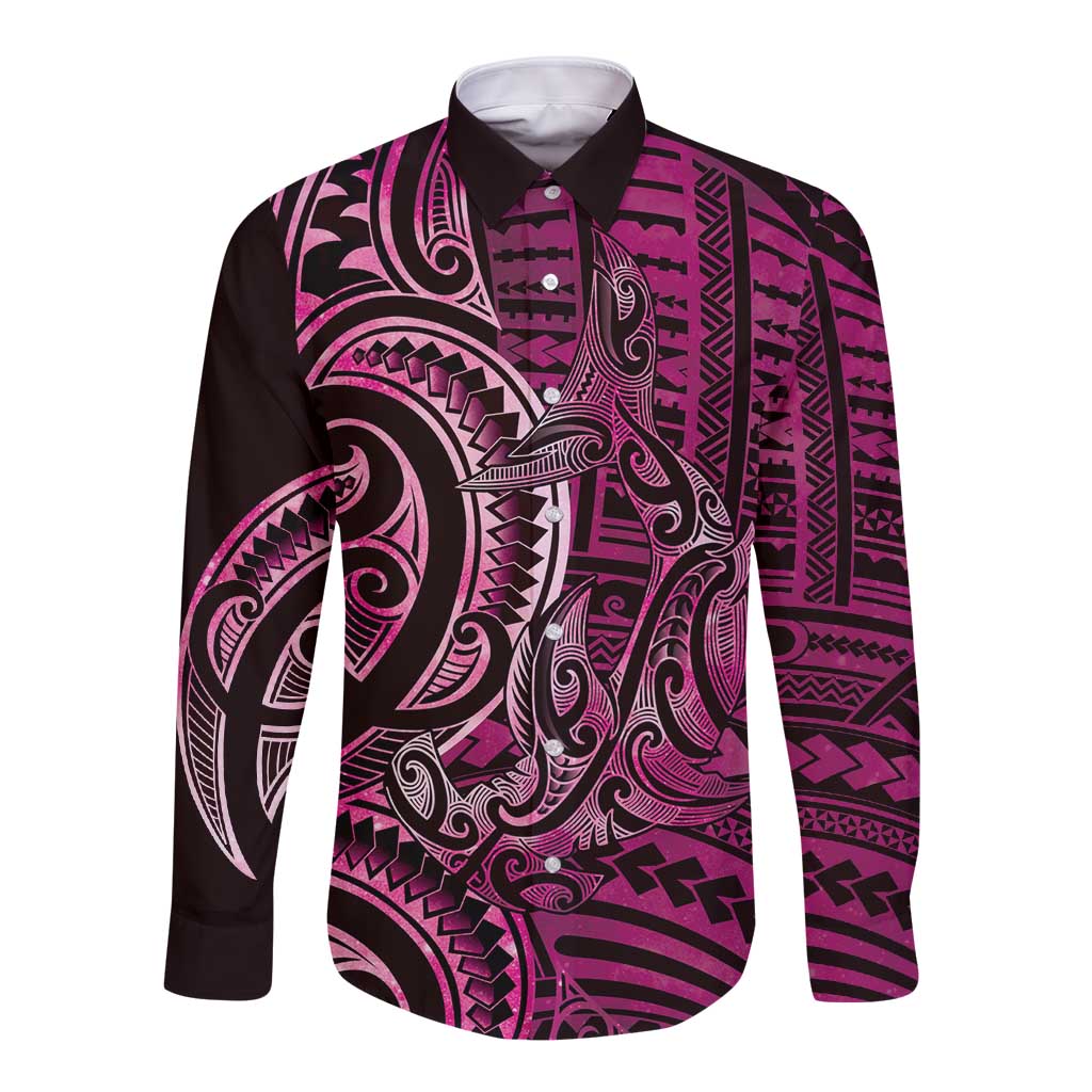 New Zealand Hammerhead Shark Long Sleeve Button Shirt Maori Haehae Mangopare Pink - Polynesian Pride