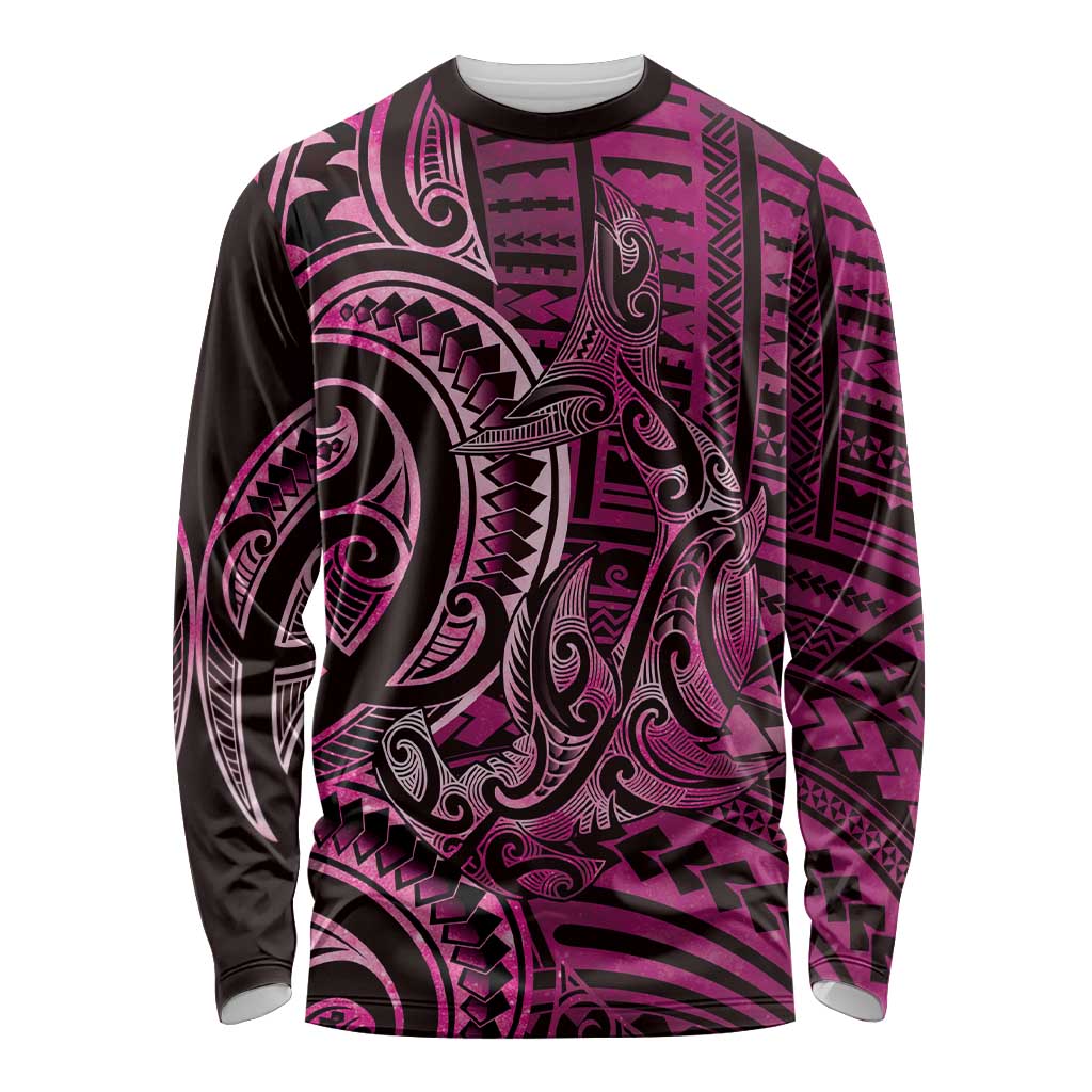 New Zealand Hammerhead Shark Long Sleeve Shirt Maori Haehae Mangopare Pink - Polynesian Pride