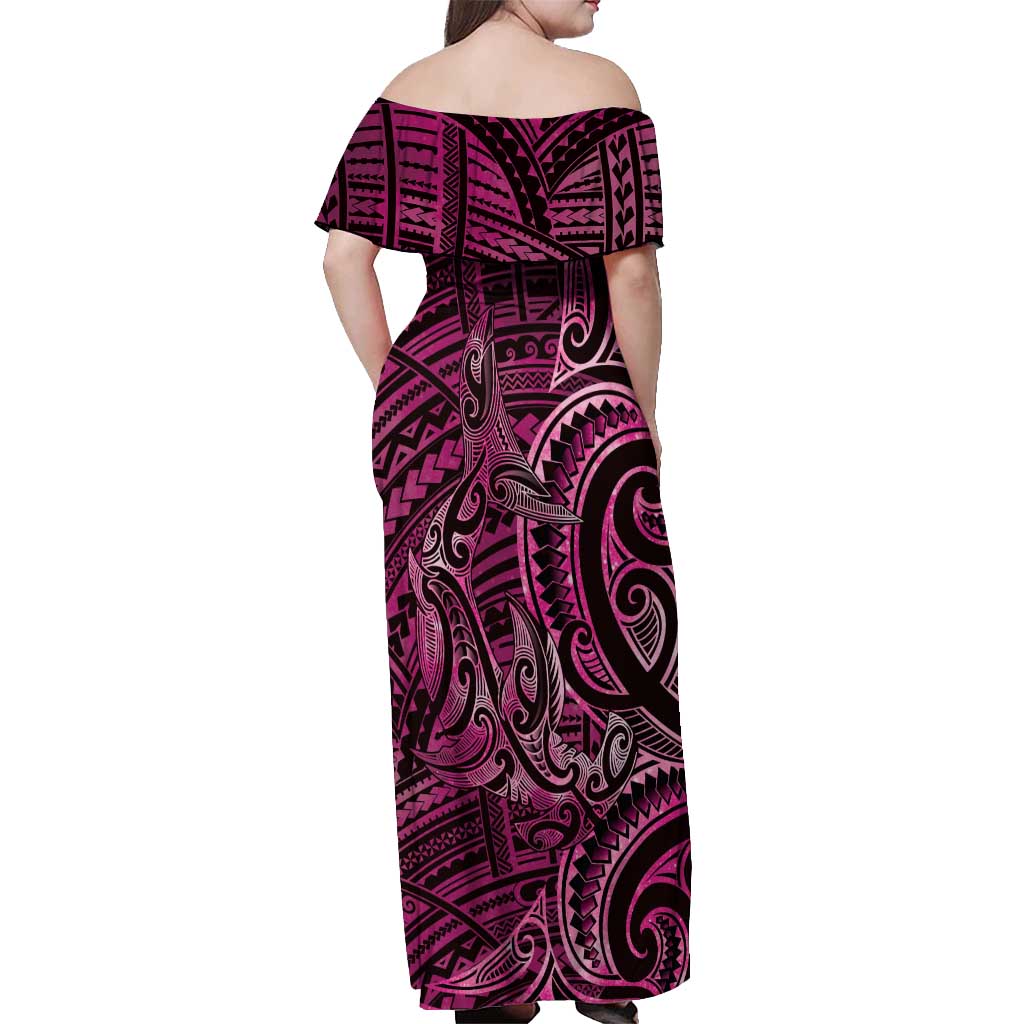 New Zealand Hammerhead Shark Off Shoulder Maxi Dress Maori Haehae Mangopare Pink - Polynesian Pride