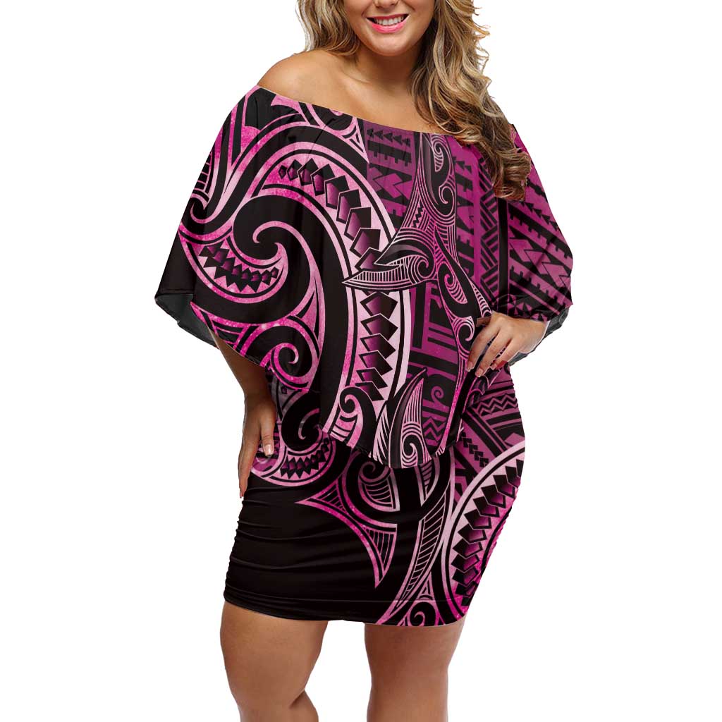New Zealand Hammerhead Shark Off Shoulder Short Dress Maori Haehae Mangopare Pink - Polynesian Pride