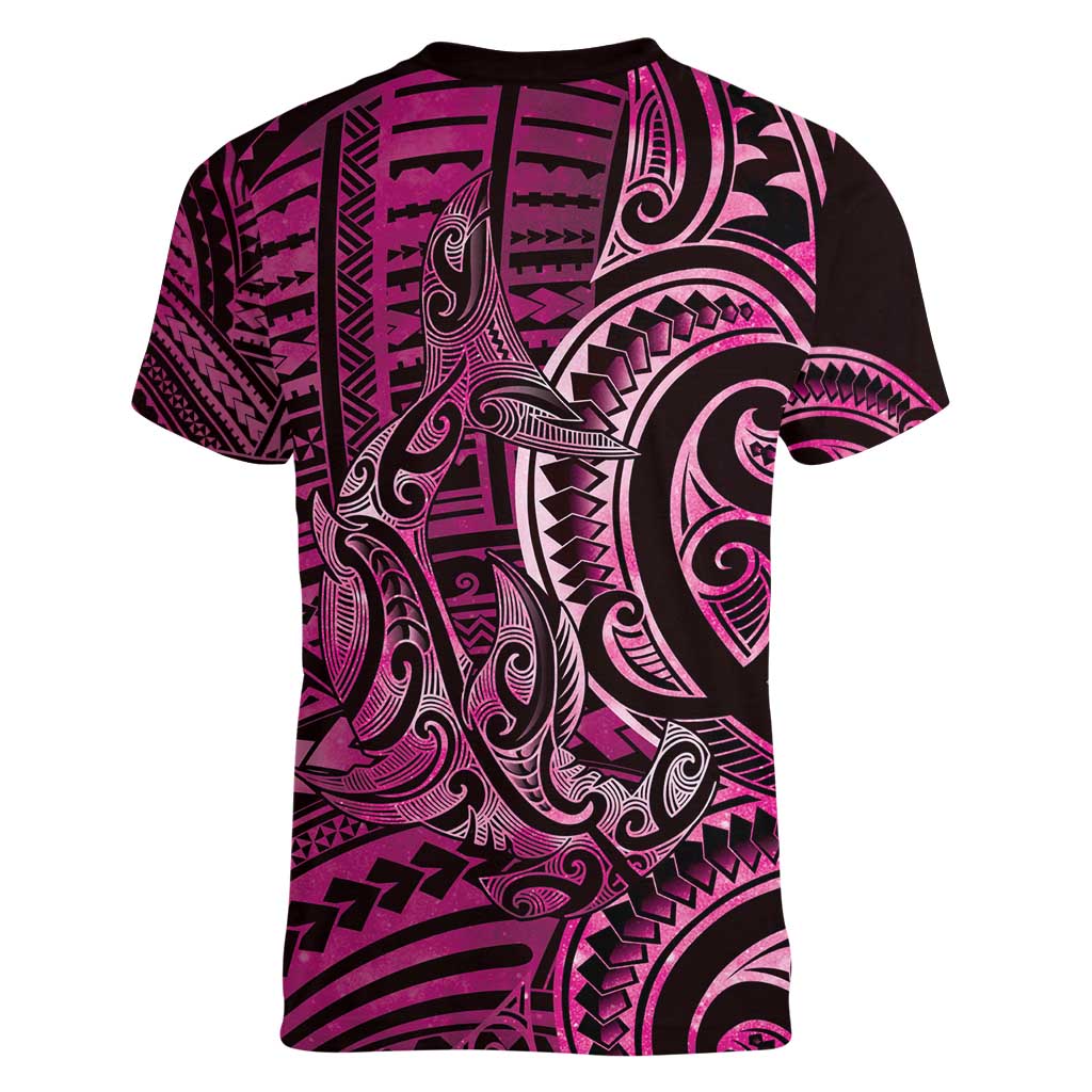 New Zealand Hammerhead Shark Women V-Neck T-Shirt Maori Haehae Mangopare Pink - Polynesian Pride