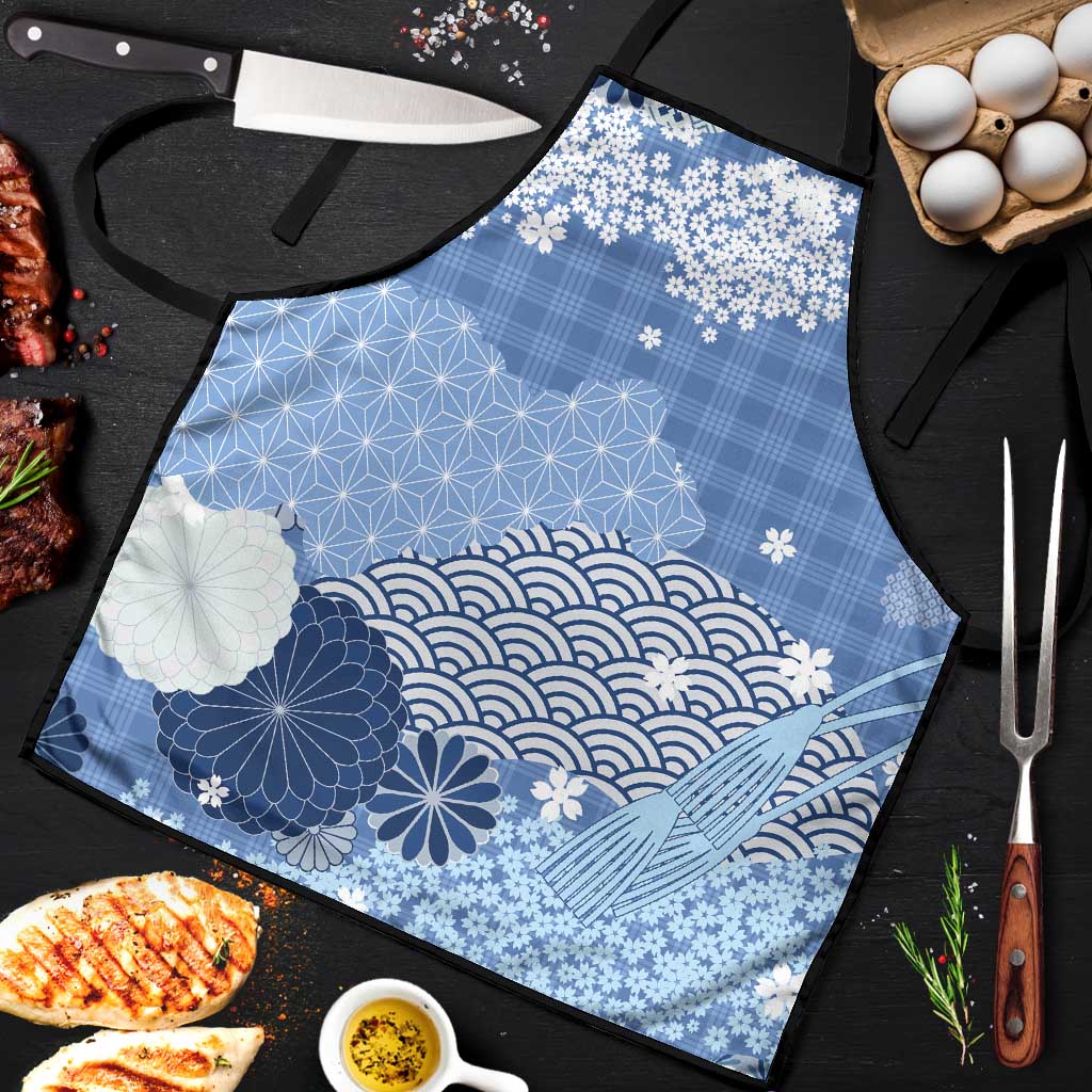 Blue Palaka Japanese Patterns Apron Asanoha Seigaiha Sakura Motif LT14 Blue - Polynesian Pride