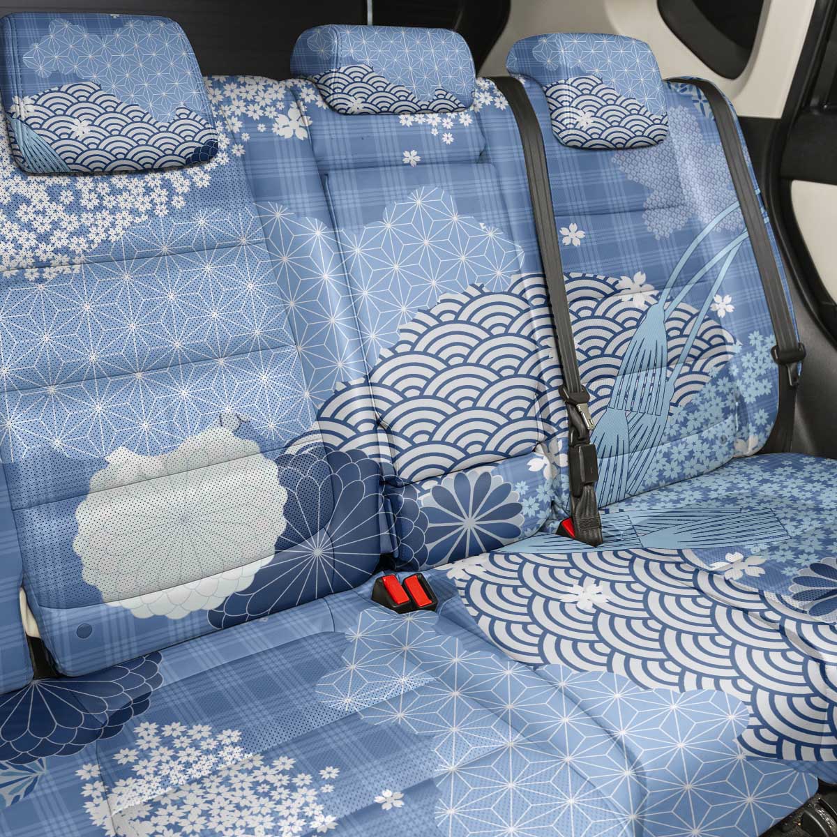 Blue Palaka Japanese Patterns Back Car Seat Cover Asanoha Seigaiha Sakura Motif - Polynesian Pride