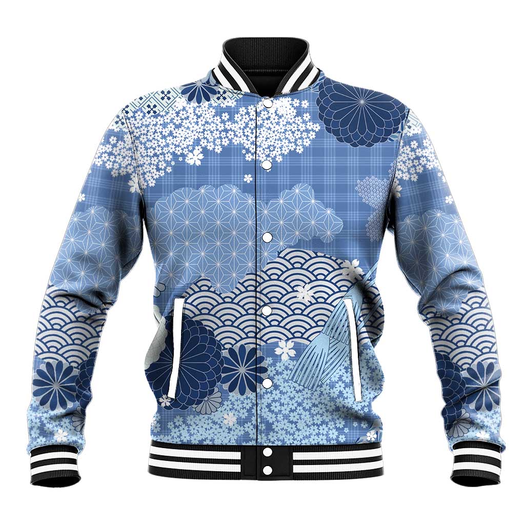 Blue Palaka Japanese Patterns Baseball Jacket Asanoha Seigaiha Sakura Motif LT14 Unisex Blue - Polynesian Pride