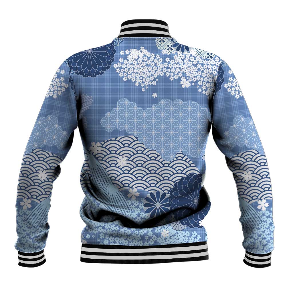 Blue Palaka Japanese Patterns Baseball Jacket Asanoha Seigaiha Sakura Motif LT14 - Polynesian Pride