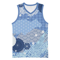 Blue Palaka Japanese Patterns Basketball Jersey Asanoha Seigaiha Sakura Motif LT14 Unisex Blue - Polynesian Pride