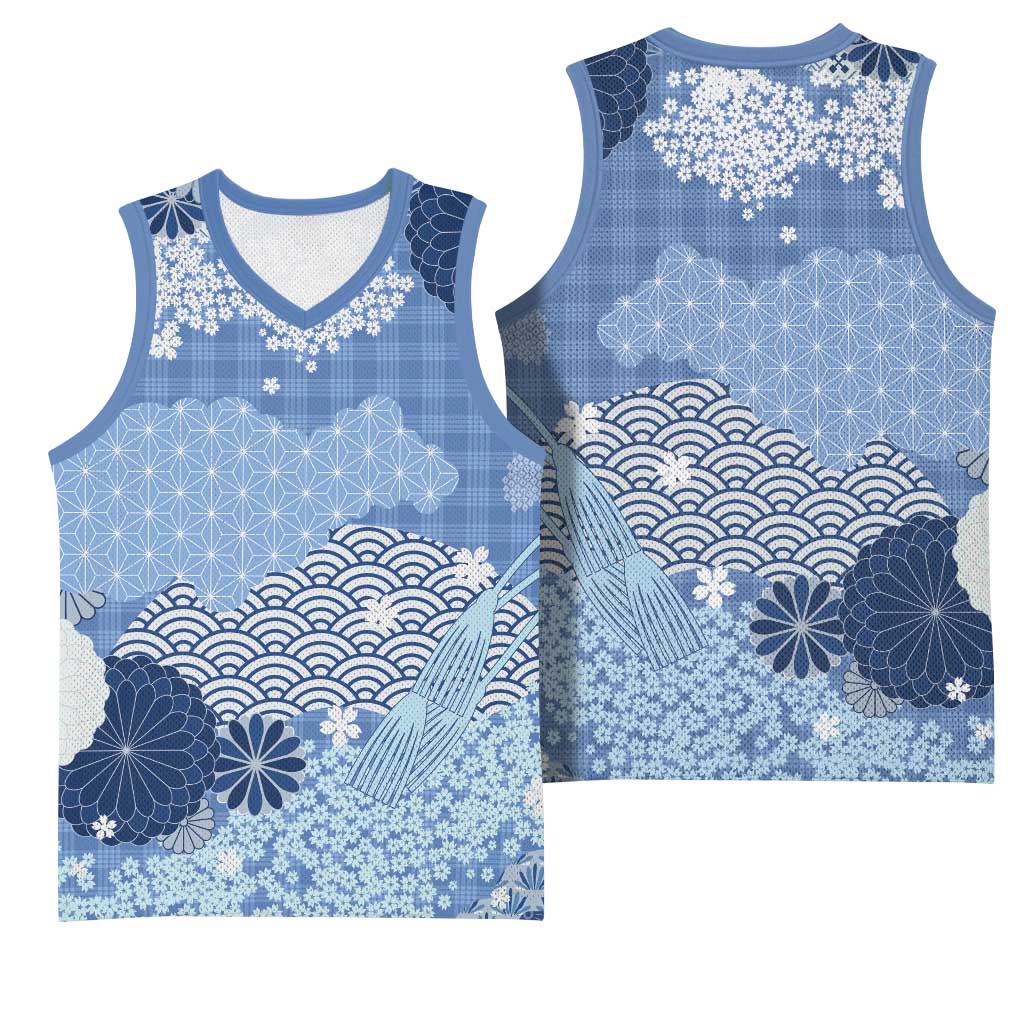 Blue Palaka Japanese Patterns Basketball Jersey Asanoha Seigaiha Sakura Motif LT14 - Polynesian Pride
