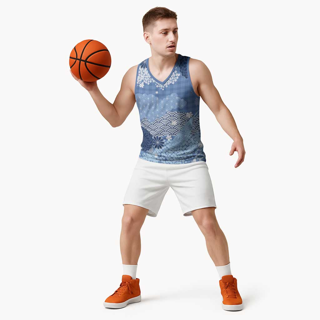 Blue Palaka Japanese Patterns Basketball Jersey Asanoha Seigaiha Sakura Motif LT14 - Polynesian Pride