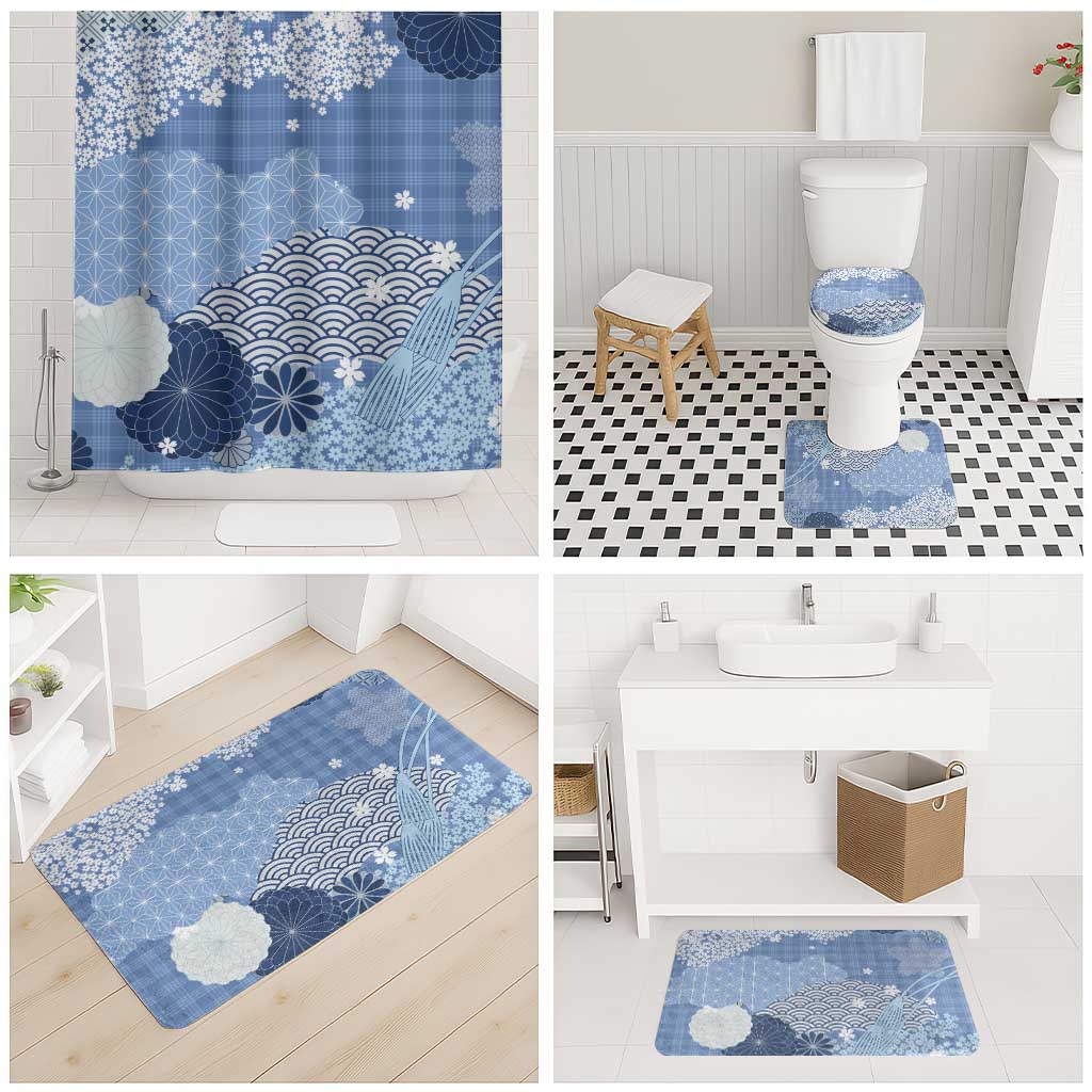 Blue Palaka Japanese Patterns Bathroom Set Asanoha Seigaiha Sakura Motif - Polynesian Pride