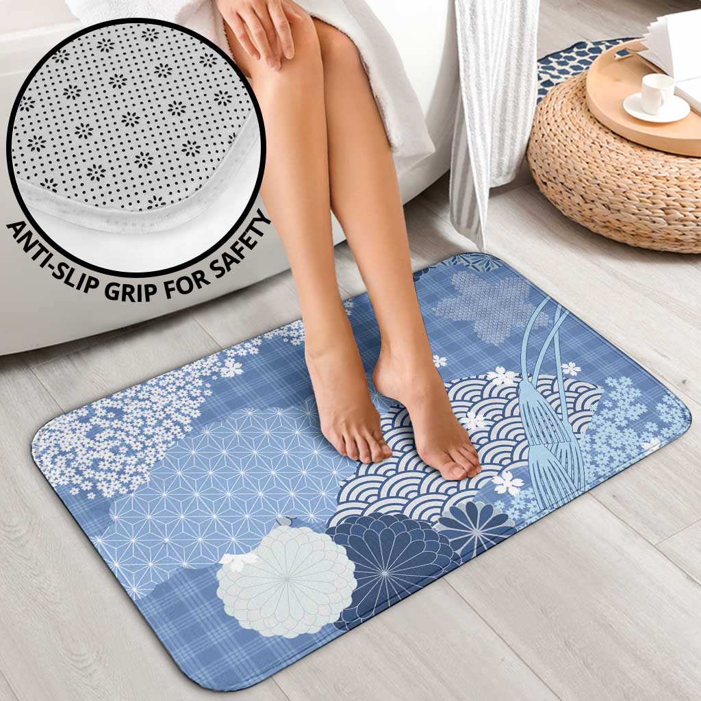 Blue Palaka Japanese Patterns Bathroom Set Asanoha Seigaiha Sakura Motif - Polynesian Pride