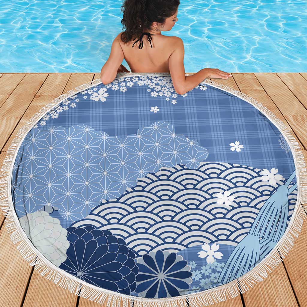 Blue Palaka Japanese Patterns Beach Blanket Asanoha Seigaiha Sakura Motif - Polynesian Pride