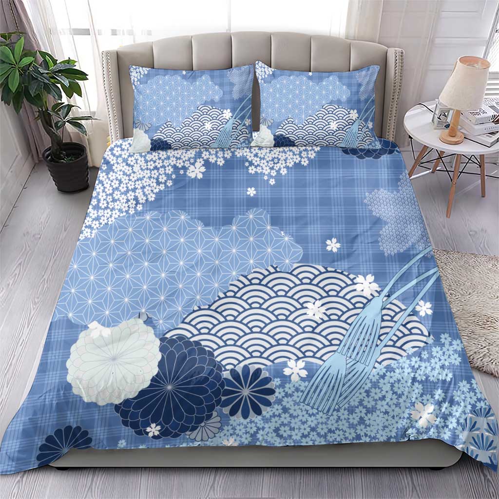 Blue Palaka Japanese Patterns Bedding Set Asanoha Seigaiha Sakura Motif - Polynesian Pride