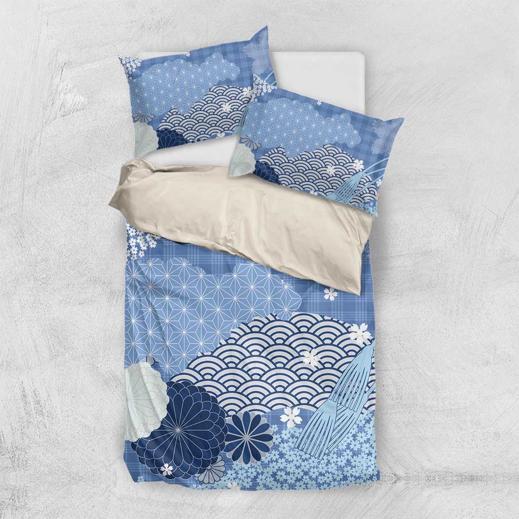 Blue Palaka Japanese Patterns Bedding Set Asanoha Seigaiha Sakura Motif - Polynesian Pride