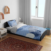 Blue Palaka Japanese Patterns Bedding Set Asanoha Seigaiha Sakura Motif - Polynesian Pride