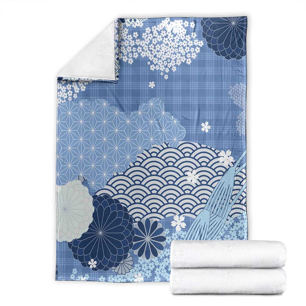 Blue Palaka Japanese Patterns Blanket Asanoha Seigaiha Sakura Motif - Polynesian Pride