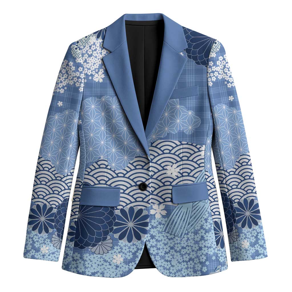 Blue Palaka Japanese Patterns Blazer Asanoha Seigaiha Sakura Motif LT14 Unisex Blue - Polynesian Pride