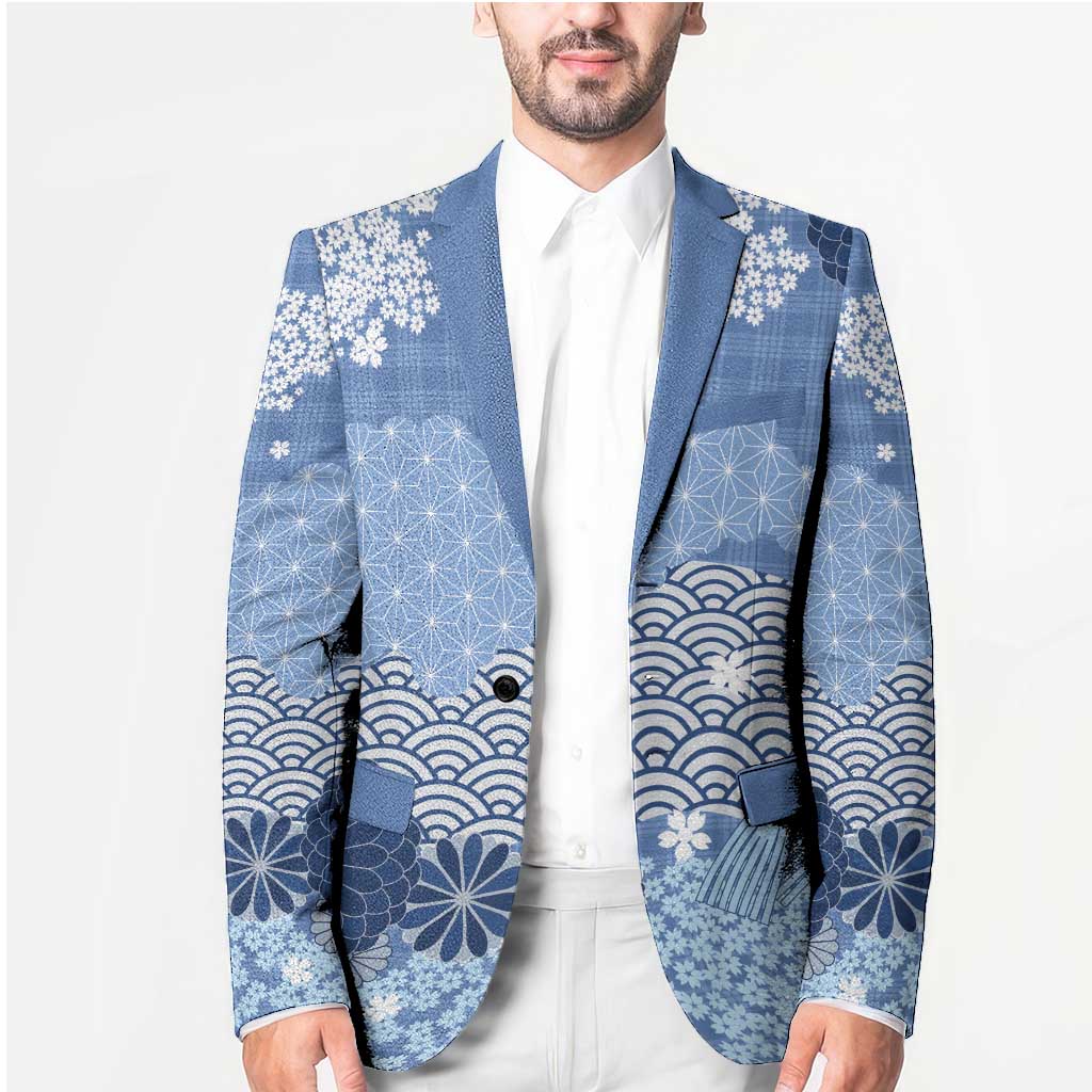 Blue Palaka Japanese Patterns Blazer Asanoha Seigaiha Sakura Motif LT14 - Polynesian Pride