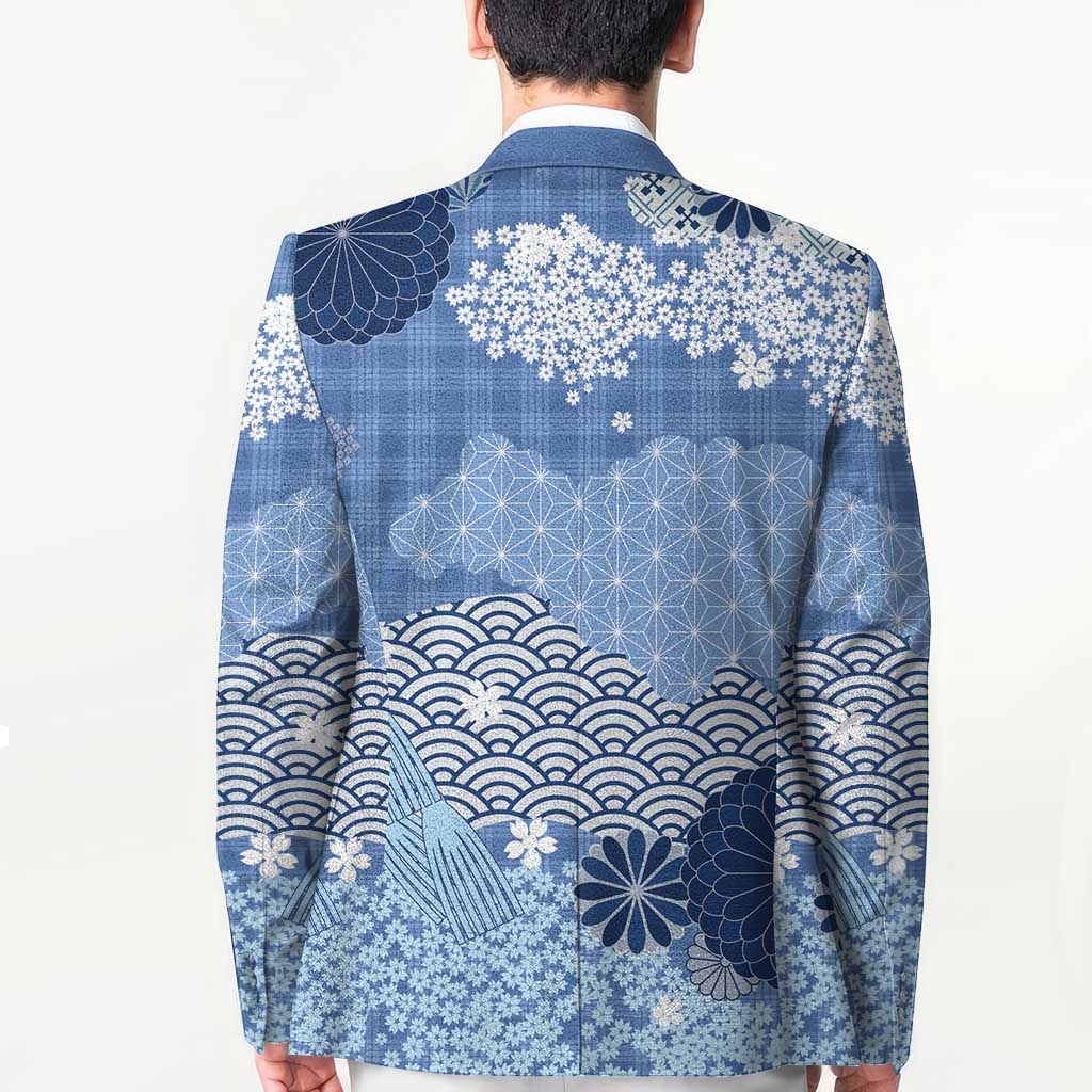 Blue Palaka Japanese Patterns Blazer Asanoha Seigaiha Sakura Motif LT14 - Polynesian Pride