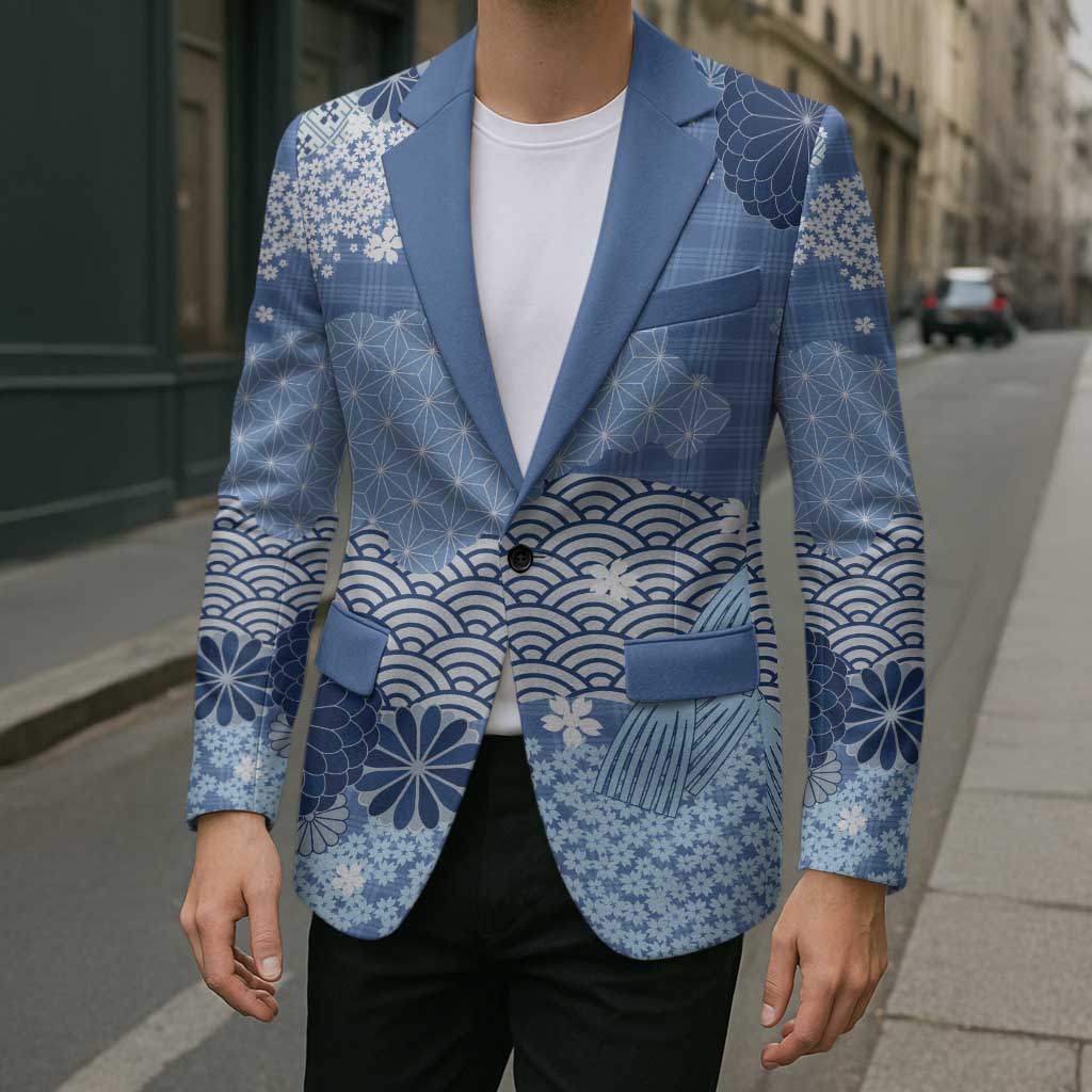 Blue Palaka Japanese Patterns Blazer Asanoha Seigaiha Sakura Motif LT14 - Polynesian Pride