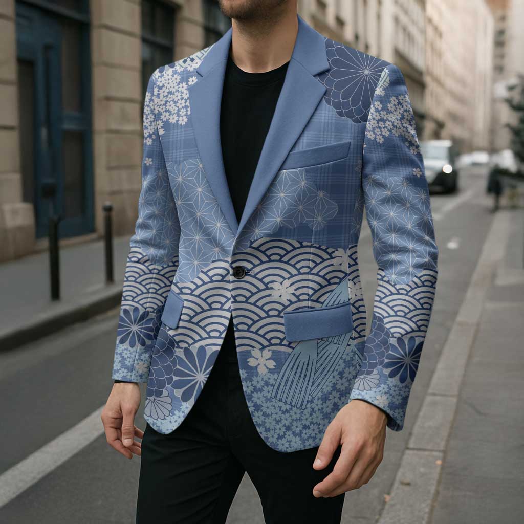 Blue Palaka Japanese Patterns Blazer Asanoha Seigaiha Sakura Motif LT14 - Polynesian Pride