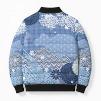 Blue Palaka Japanese Patterns Bomber Puffer Jacket Asanoha Seigaiha Sakura Motif LT14 - Polynesian Pride
