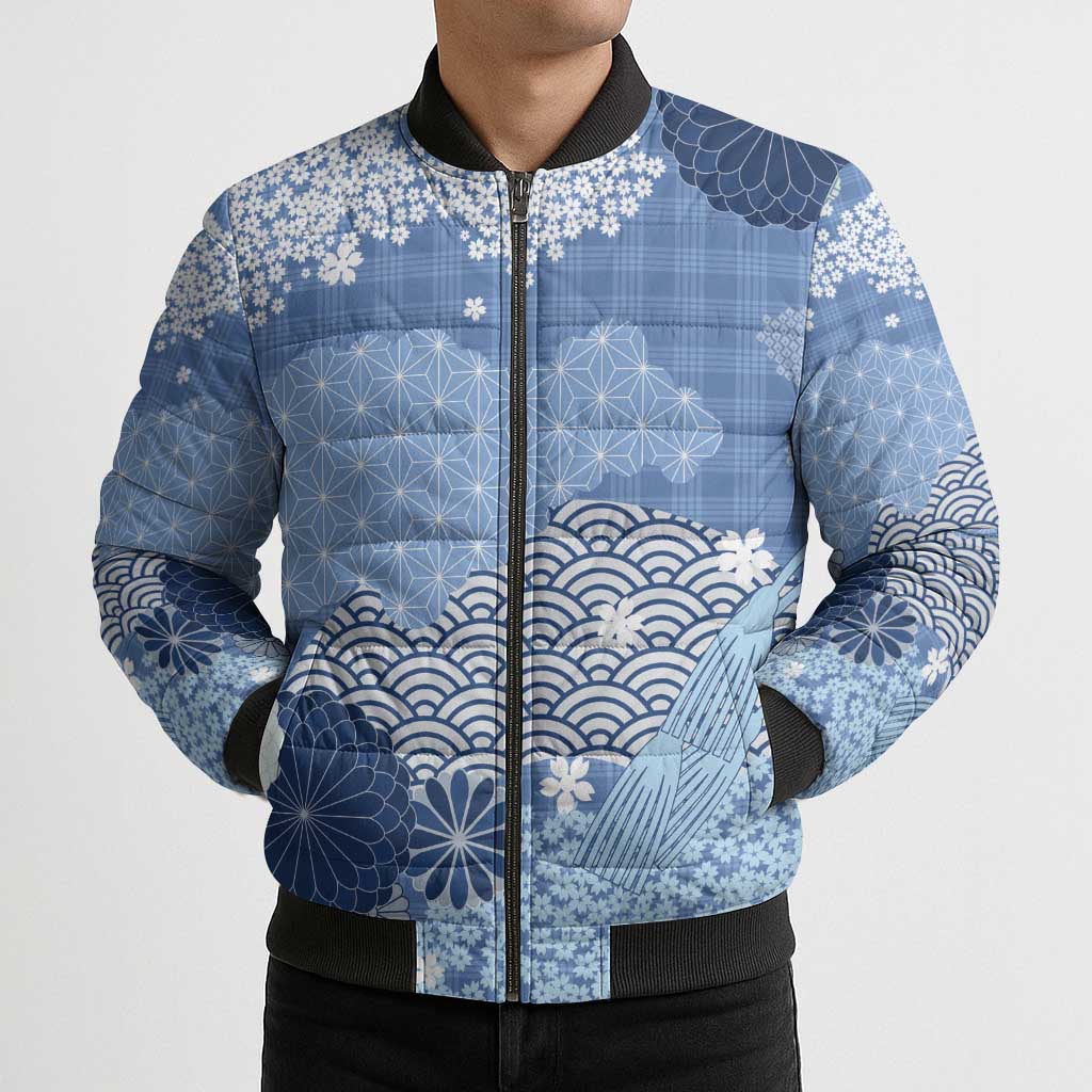 Blue Palaka Japanese Patterns Bomber Puffer Jacket Asanoha Seigaiha Sakura Motif LT14 - Polynesian Pride