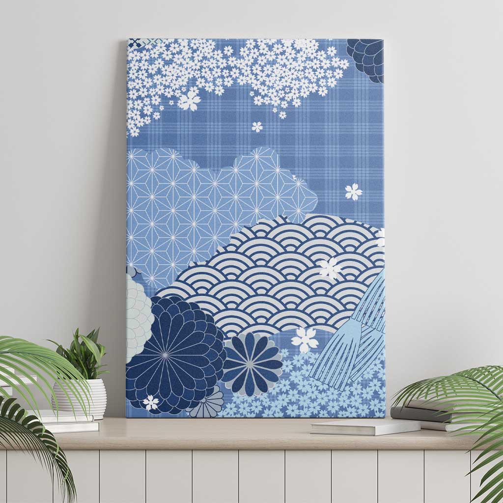 Blue Palaka Japanese Patterns Canvas Wall Art Asanoha Seigaiha Sakura Motif LT14 - Polynesian Pride