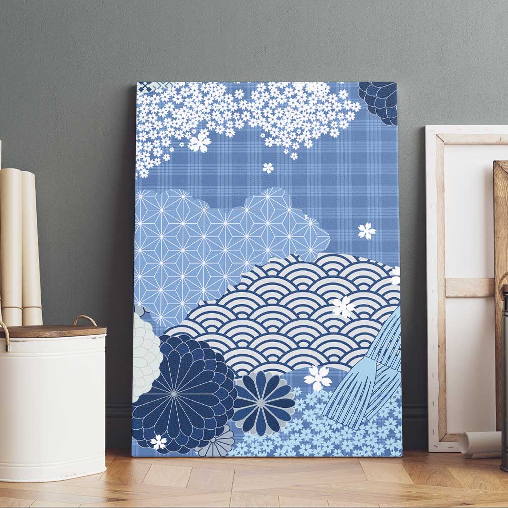Blue Palaka Japanese Patterns Canvas Wall Art Asanoha Seigaiha Sakura Motif LT14 - Polynesian Pride
