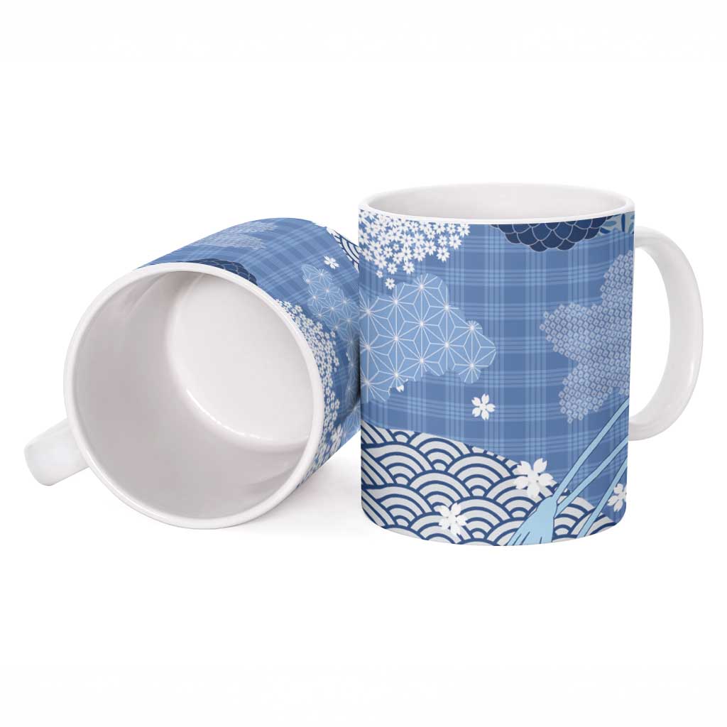 Blue Palaka Japanese Patterns Ceramic Mug Asanoha Seigaiha Sakura Motif - Polynesian Pride