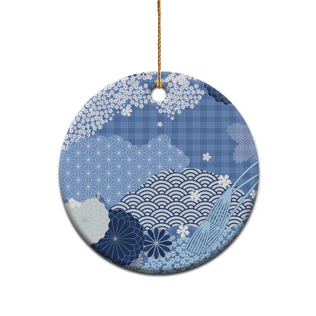 Blue Palaka Japanese Patterns Ceramic Ornament Asanoha Seigaiha Sakura Motif LT14 - Polynesian Pride