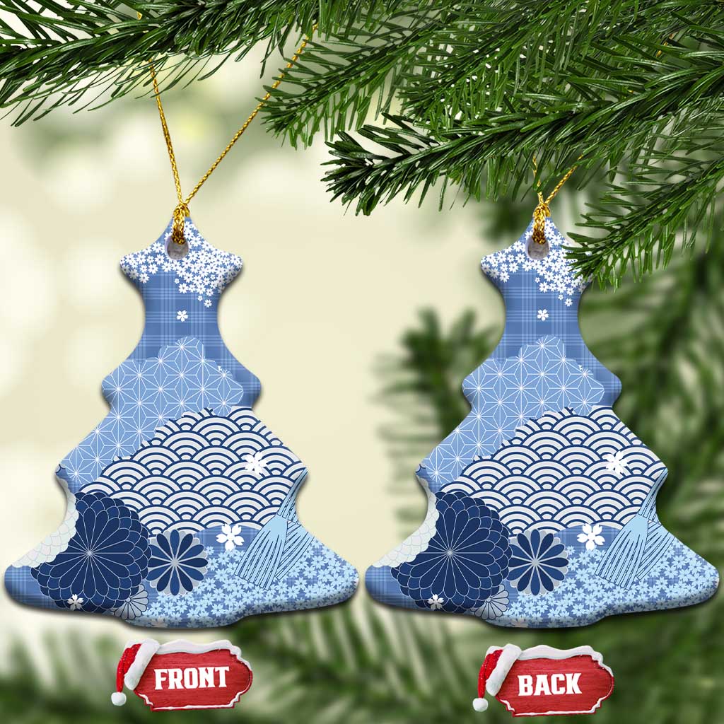 Blue Palaka Japanese Patterns Ceramic Ornament Asanoha Seigaiha Sakura Motif LT14 Christmas Tree Blue - Polynesian Pride